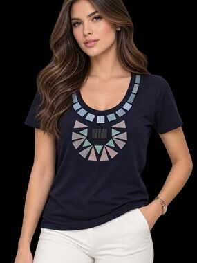 Burberry Navy Short Sleeve Scoop Neck Top with Geometric Embellishments Size S